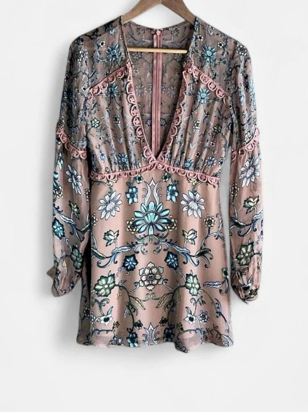 For Love & Lemons Saffron Teal Floral Burnout Mini Dress Size Small 70s Boho
